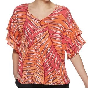 Apt. 9 Orange and Red Ruffled Short Sleeve Blouse